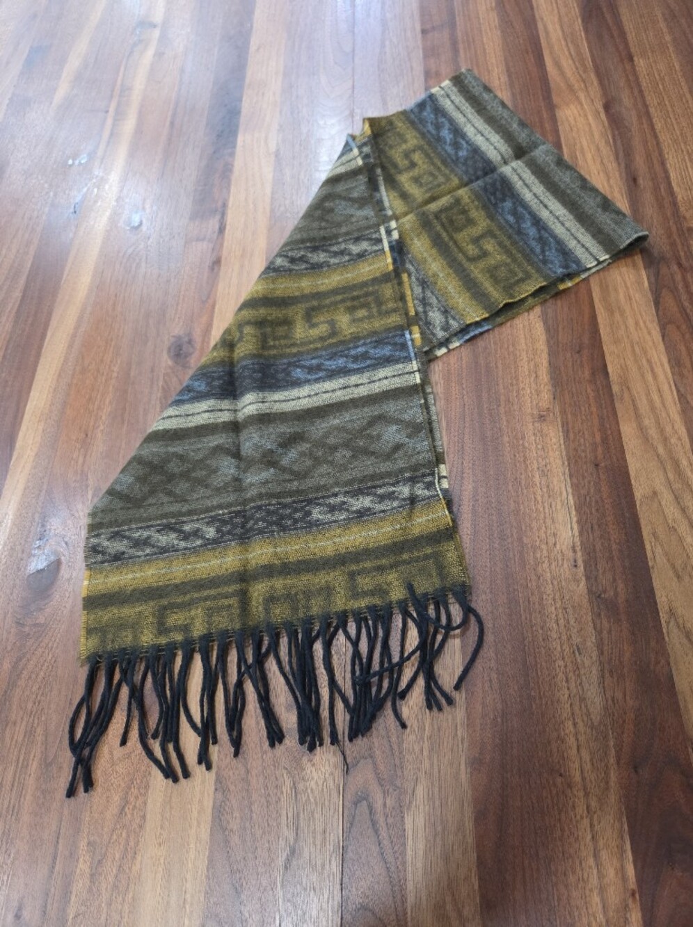 Vintage Pierre Cardin Fringed Scarf Mens Geometric Earthy Colors Greek Key